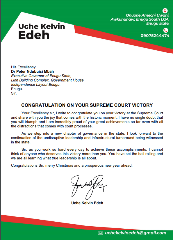 Uche Kelvin Edeh Congratulates His Excellency Dr Peter Mbah on his Supreme Court Victory